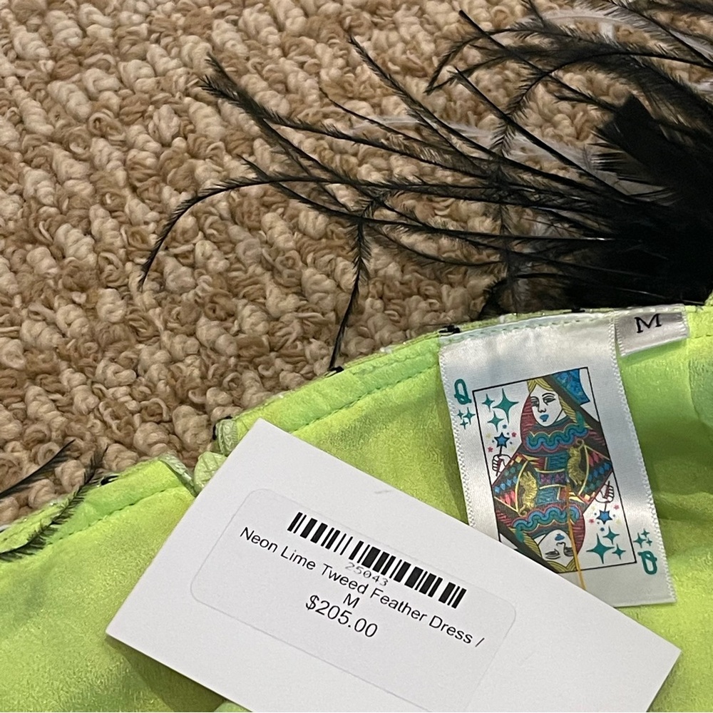 Queen of Sparkles Neon Lime Tweed Feather Strap Dress Medium NWT - Picture 5 of 10